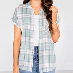 Grace & Lace Plaid Button Short Sleeve Shirt